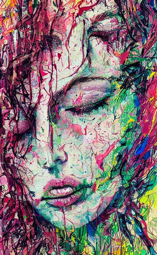 Prompt: illustration, gouache impasto of human face, blossoms, intricate, by carne griffiths