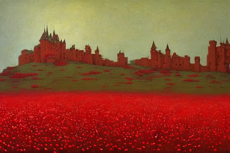 Image similar to only with red, red flowers of different types, a red tiger, a castle in the background, medieval demons dance over the flowers, an ancient path, in the style of beksinski, part by hopper, part by rodcenko, part by hofbauer, intricate composition, red by caravaggio, insanely quality, highly detailed, masterpiece, red light, artstation