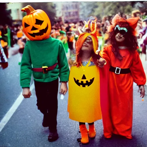 Image similar to a vivid, colorful polaroid photograph of kids in Halloween costumes marching in a parade