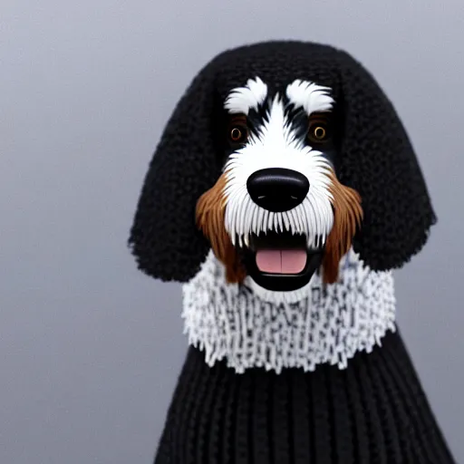 Image similar to a closeup photorealistic illustration of a smiling knitted bernedoodle judge dog dressed in a black gown, presiding over the courthouse. this 4 k hd image is trending on artstation, featured on behance, well - rendered, extra crisp, features intricate detail, epic composition and the style of unreal engine.