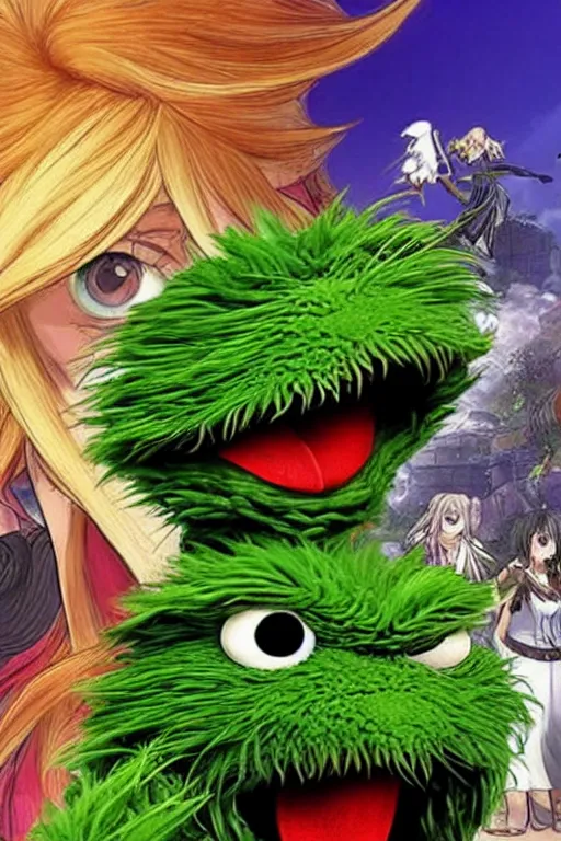 Prompt: “ oscar the grouch on the cover of tales of symphonia ”