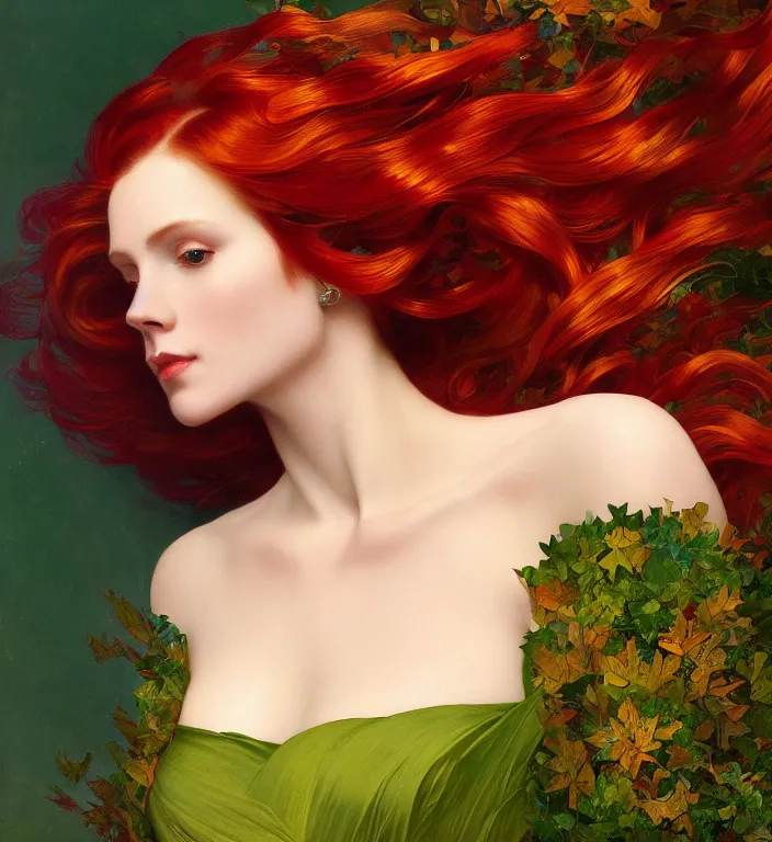 Prompt: portrait of a red haired woman wearing a green satin dress with fine gold filigree, autumn leaves falling, dramatic volumetric lighting, god rays, global illumination, soft, sharp focus, ivy, masterpiece, moss, trending on artstation, painting by Caravaggio and ruan jia and Daytoner and Alphonse Mucha