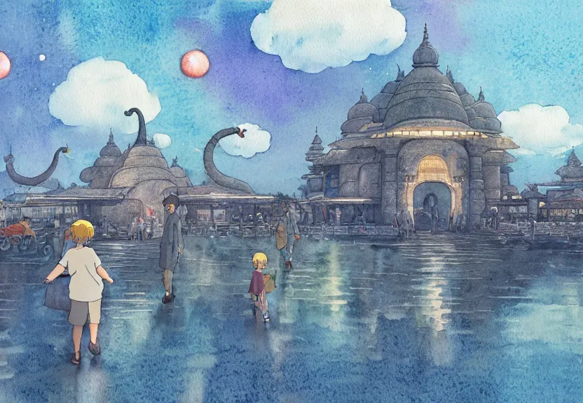 Image similar to a hyperrealist watercolor concept art from a studio ghibli film showing a giant grey dumbo the elephant. a temple is under construction in the background in india on a misty and starry night. by studio ghibli. very dull muted colors