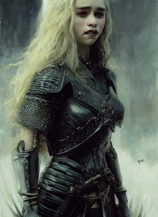 Image similar to young blonde vampire emilia clarke long fangs wearing black medieval armour, by gaston bussiere, bayard wu, greg rutkowski, giger, maxim verehin, greg rutkowski, masterpiece, sharp focus, cinematic lightning