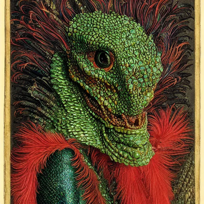 Image similar to close up portrait of an mutant monster creature with proud, reptilian allure, iridescent scales, dovish feathers, diaphanous fungic protuberances. jan van eyck, audubon