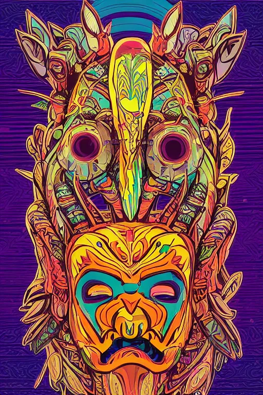 Image similar to animal mask totem roots flower tribal feather gemstone plant wood rock shaman vodoo video game vector cutout illustration vivid multicolor borderlands comics by josan gonzales and dan mumford radiating a glowing aura