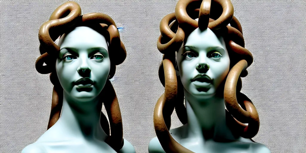 Image similar to modern sculpture, young woman as medusa, multiple poses, androgynous