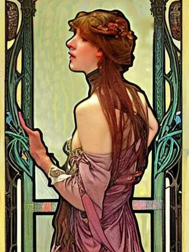 Image similar to a beautiful painting of a lady by Alphonse Mucha and by Mark Brooks and by john william waterhouse and by arthur rackham, Art Nouveau, Neo-Gothic, gothic, award winning painting, hyperdetailed, detailed