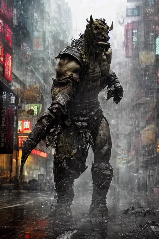 Image similar to a dynamic photograph of a orc warrior in a wet, dystopic Hong Kong bladerunner street. Realism.