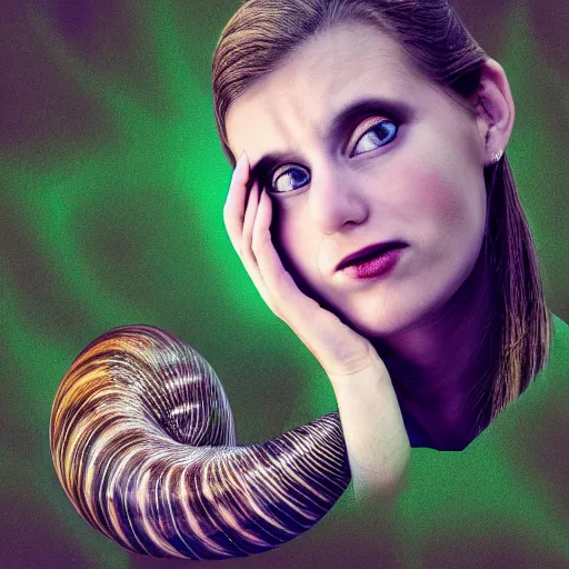 Image similar to professional dramatic photograph of a snail woman hybrid
