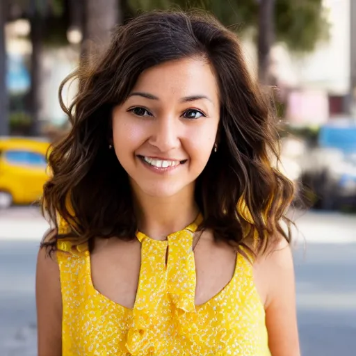 Image similar to close up portrait of a beautiful, attractive brown hair woman, wearing a yellow sundress, in downtown Los Angeles