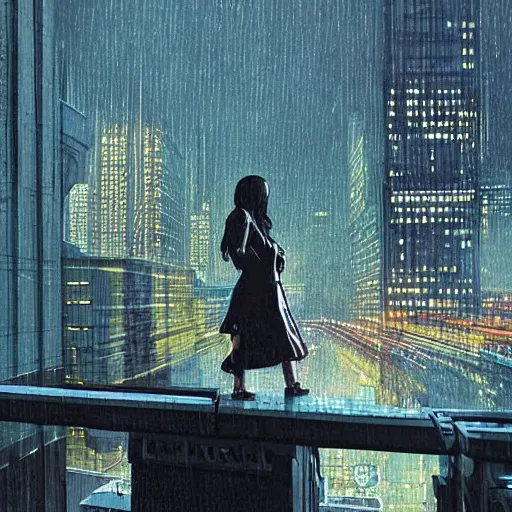 Image similar to “ a girl on a ledge overlooking futuristic new york city, ghostpunk, heavy rain, high detail, by moebius ”