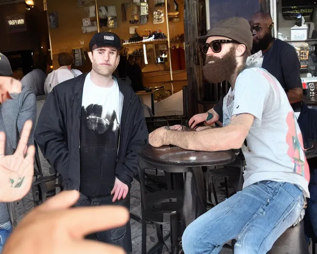 Image similar to Robert Pattinson meeting MC Ride and Zach Hill from Death Grips in a exterior cafe in france, paparazzi photo, wide angle, shot from far away