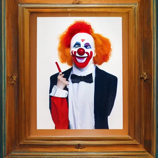 Image similar to capitalist clown advertisement portrait