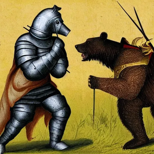 Image similar to medieval knight fights a bear. the bear is gigantic