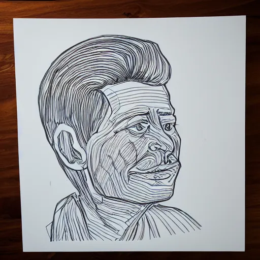 Image similar to continuous single line contour - drawing of waldo mcsimmonsberg, pen on white paper