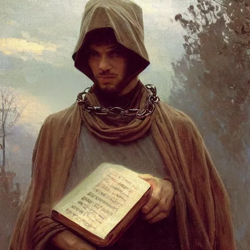 Image similar to half portait of magican wearing a closed cowl holding a big old book!, jeremy mann, jean leon gerome, alphonse mucha, greg rutkowski, hood covers his eyes, chains on his wrist, ( ( ruins of ancient rome ) ), at dusk, mysterious atmosphere, sunrays, dof, masterpiece, high detailed, 8 k