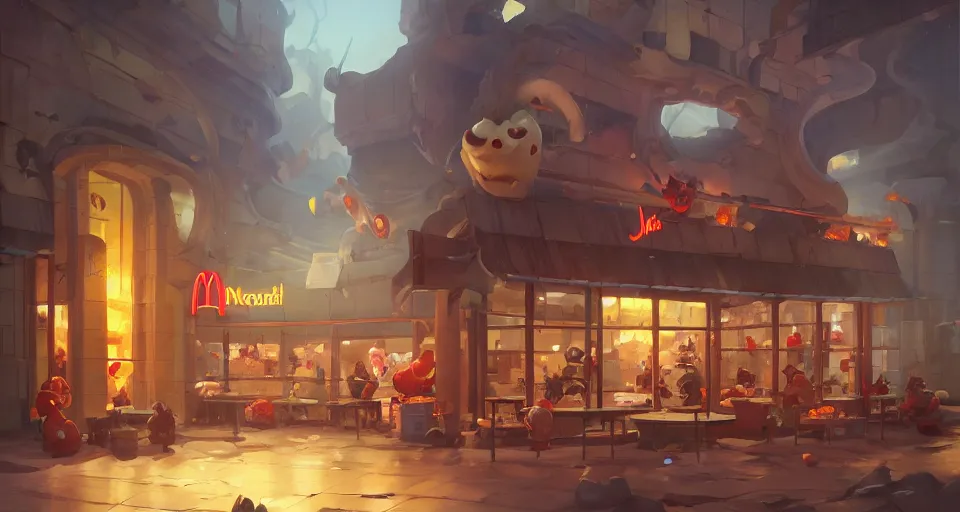 Prompt: mcdonald store, concept art by noah bradley, darek zabrocki, tyler edlin, jordan grimmer, neil blevins, james paick, natasha tan, highly detailed, ultra detailed, ultra realistic, trending on artstation