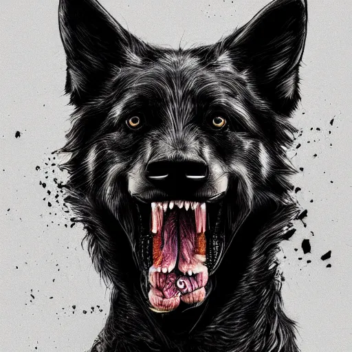 Image similar to venom dog version, ultra realistic, highly detailed, photorealism, scary, intricate detail, high res, textures, extremes, dark, twisted, black, wiry, superhero, antihero, powerful, teeth, licking tongue, dog, hair, german shepard trending on artstation