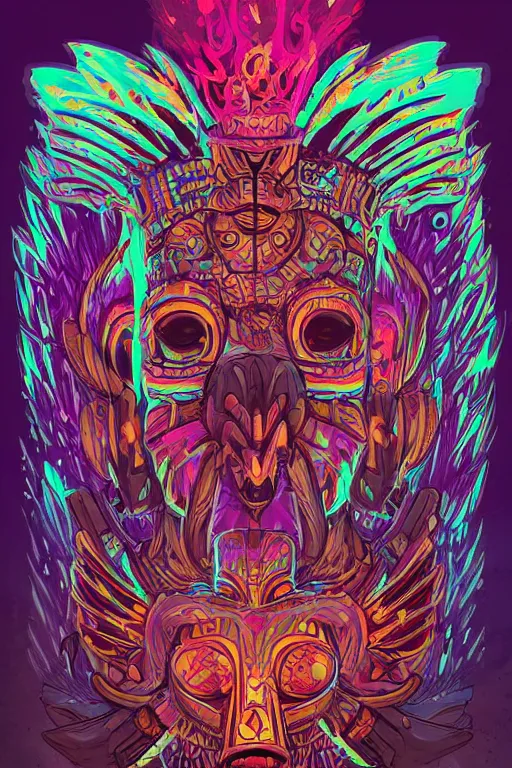 Image similar to totem animal tribal chaman vodoo mask feather gemstone plant wood rock video game illustration vivid color borderlands by josan gonzales and dan mumford radiating a glowing aura