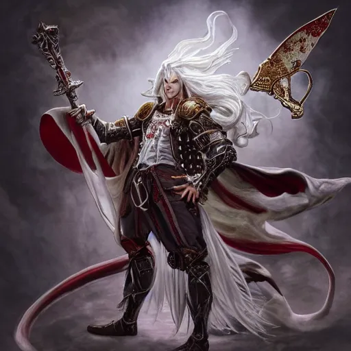 Image similar to Epic rococo painting of young man with long white hair, wearing a full medieval knight armor imitating a large moth man in white and red tones. Middle age. Castlevania, ultra-detailed. Anime, pixiv, UHD 8K CryEngine, octane render