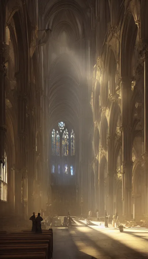 Prompt: a large cathedral with sunlight streaming through the windows, a detailed matte painting by michal karcz, cgsociety contest winner, fantasy art, matte painting, volumetric lighting, flickering light