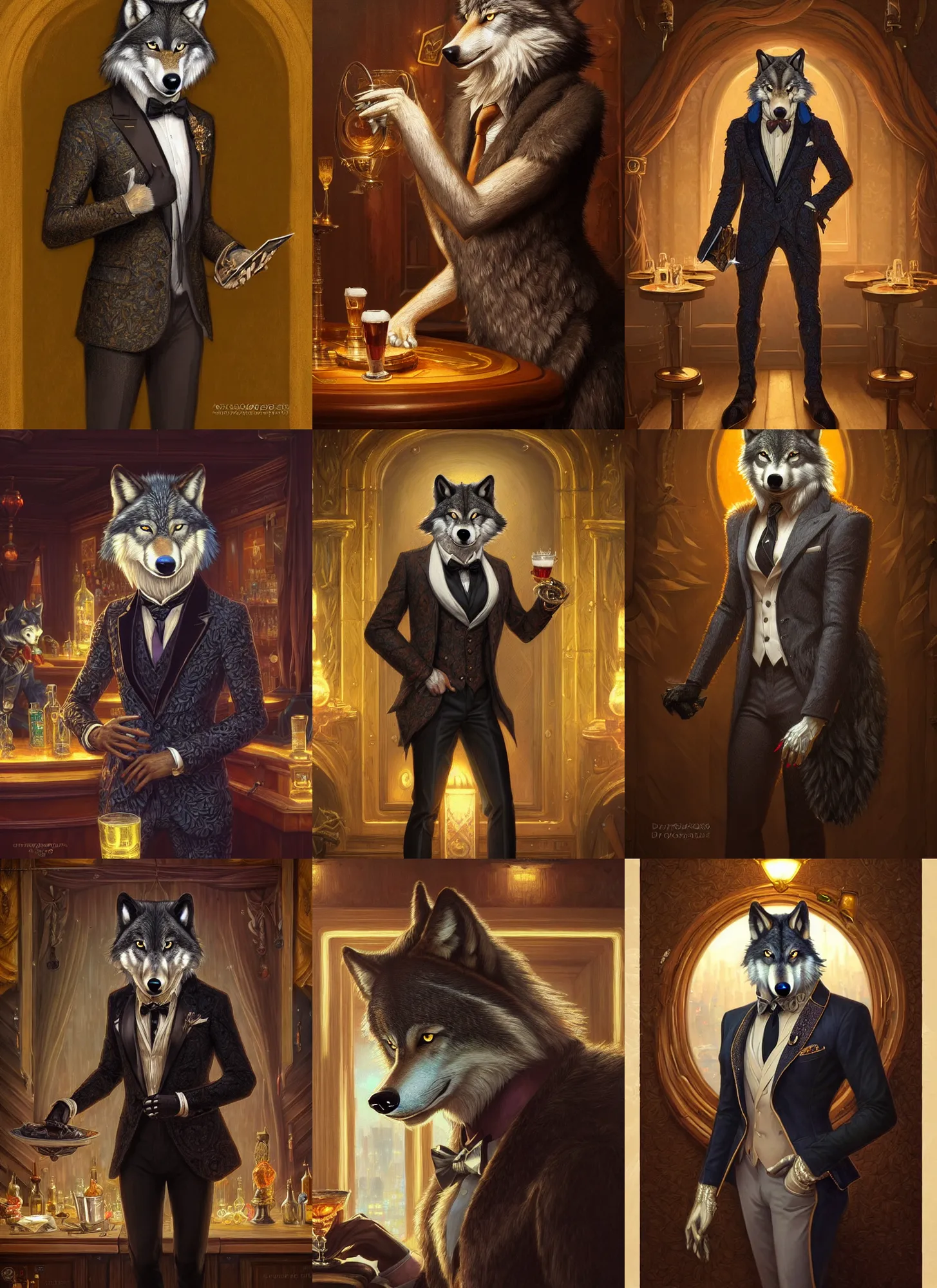 Prompt: photograph of a male anthropomorphic wolf fursona wearing a ritzy suit at a bar, deep focus, intricate, elegant, highly detailed, digital painting, artstation, concept art, matte, sharp focus, illustration, d & d, fantasy, hearthstone, art by artgerm and greg rutkowski and alphonse mucha