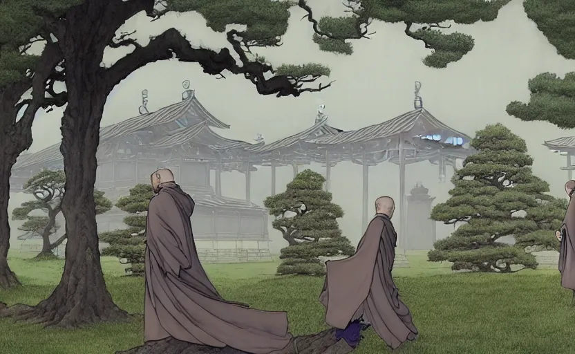 Image similar to a hyperrealist watercolour concept art of a dimensional time portal in the shape of an arch of trees. a medieval monk in grey robes is in the foreground. a japanese temple is in the background. very muted colors, post grunge, by rebecca guay, michael kaluta, charles vess and jean moebius giraud. high detail, hq, wide shot, 4 k