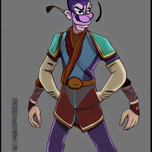 Prompt: a full body portrait of waluigi in aang's clothes, from avatar the last airbender, very detailed, high quality, illustration by Emilio Cantara, trending on artstation