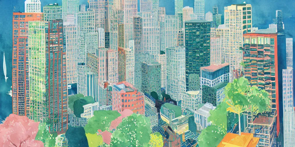 Image similar to watercolor, seattle city by david hockney, victo ngai