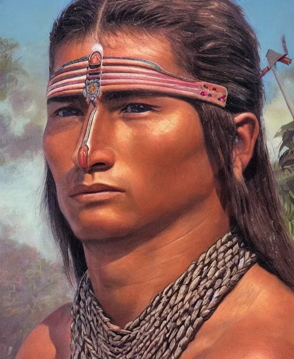 Prompt: portrait of a handsome young mayan warrior in yucatan, art by denys tsiperko and franz xaver kosler and bogdan rezunenko, hyperrealism