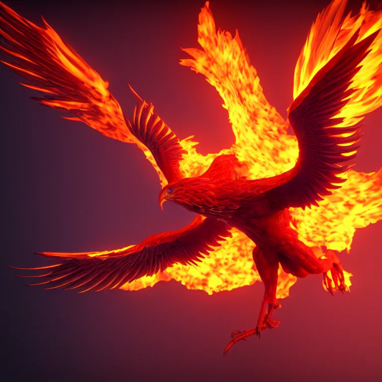 Image similar to phoenix with with flamimg wings, 3 d render, 3 d rendered, hdr, unreal engine 5, ray tracing, dynamic lighting, flame colors, black gradient background, high detail,