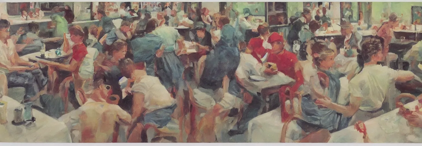 Prompt: baby frogs, drinking milkshakes, diner, 5 0 s painting, award winning art, andrew loomis