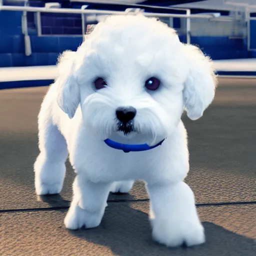 Prompt: a photorealistic picture of a white bichon puppy wearing a blue baseball cap and skating on ice Trending on Artstation, featured on Behance, well-rendered, Unreal Engine, 4K HD