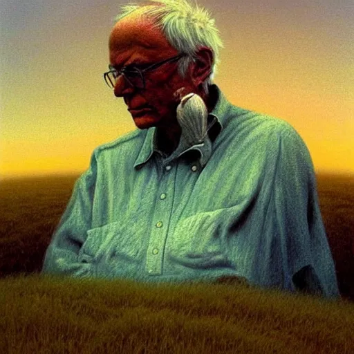 Prompt: a coherent award - winning beautiful!!! portrait of a calm bernie sanders!, sitting on a beautiful pleasant hill, painted by zdzislaw beksinski