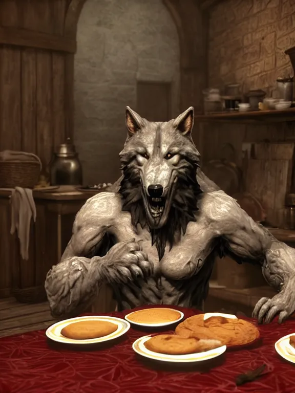 Prompt: cute!!! handsome cuddly burly surly relaxed calm timid werewolf from van helsing sitting down at the breakfast table in the kitchen of a normal country home cooking having fun lighthearted whimsy baking strawberry tart cakes unreal engine hyperreallistic render 8k character concept art masterpiece screenshot from the video game the Elder Scrolls V: Skyrim