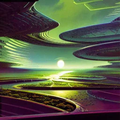 Image similar to beautiful matte painting album cover art of green gardens with roads on a futuristic sci-fi space station, cinematic angle, cinematic lighting, blue sky, by Syd Mead, John Harris, Federico Pelat