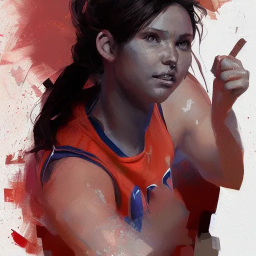 Image similar to painting of an woman basketball player, greg rutkowski, cg worker artstation