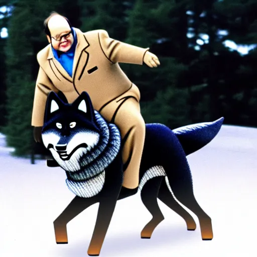 Image similar to George Costanza (from Seinfeld) riding a wolf