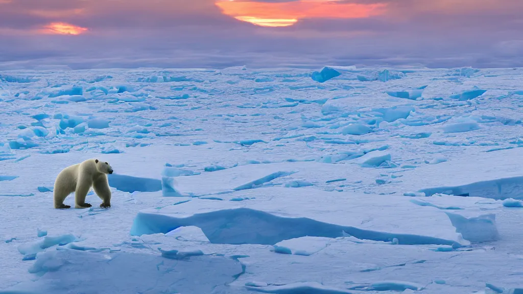 Image similar to photo of the most beautiful panoramic landscape, where a giant iceberg is lost in the frozen artic ocean, a giant polar bear is exhaling steam while walking over the iceberg, the frozen artic ocean is reflecting the giant polar bear and the ray lights of the sunrise are brightening him