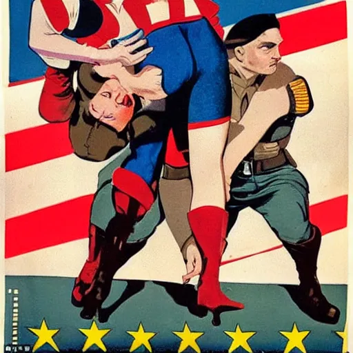 Image similar to female captain america putting hitler in a headlock. wwii american propaganda poster by james gurney