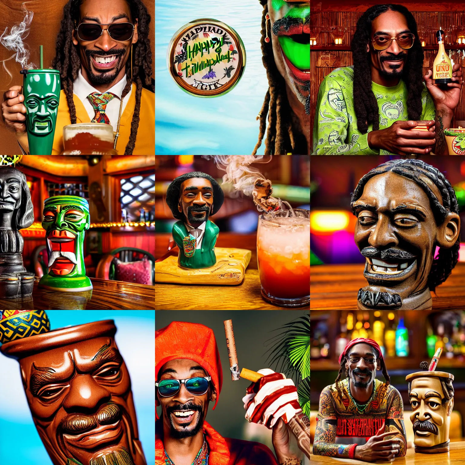 Image similar to a closeup photorealistic photograph of happy blunt smoking snoop dogg at trader vic's bar sitting next to a trader vic's style tiki mug featuring the face of snoop dogg. tiki culture. bright scene. 4 k hd image that's trending on artstation, featured on behance, well rendered, extra crisp, features epic composition and the style of unreal engine.