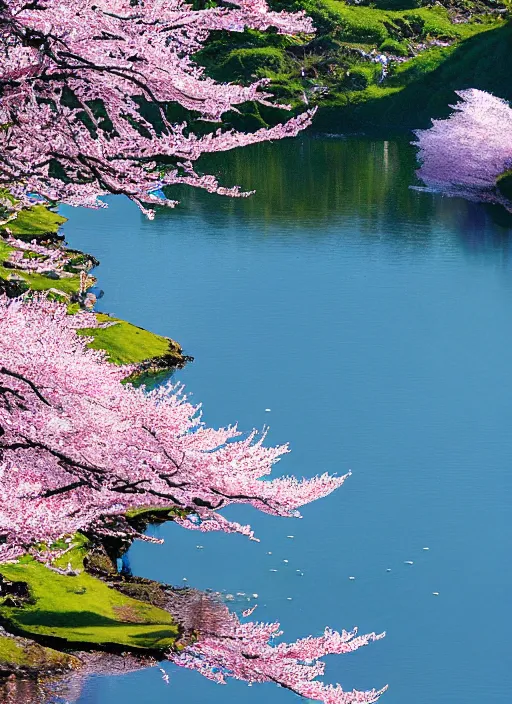 Prompt: The Emerald Herald beside a lake with sparkling water and cherry blossom trees, hidari, color page, tankoban, 4K, tone mapping, Akihiko Yoshida