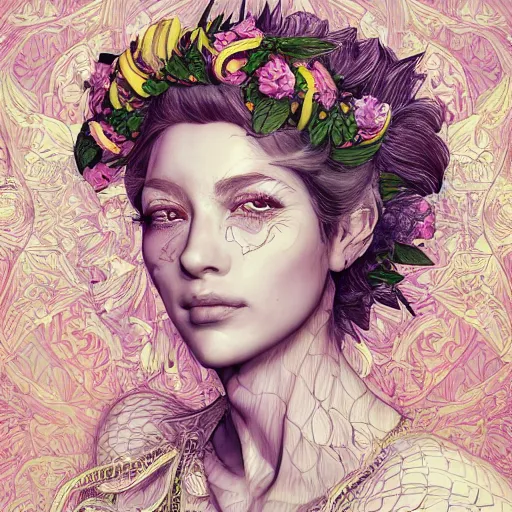 Prompt: the portrait of an absurdly beautiful, graceful, elegant mature woman made of bananas and petals looking up, an ultrafine detailed illustration by kim jung gi, irakli nadar, intricate linework, bright colors, octopath traveler, final fantasy, angular, unreal engine 5 highly rendered, global illumination, radiant light, detailed and intricate environment