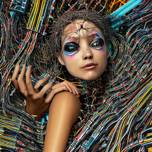 Prompt: swimming deeper into the multiverse, piles of modular synth cables mixed with mangrove roots, kawaii puerto rican goddess staring through your soul wearing a headpiece made of circuit boards, by cameron gray, wlop, stanley kubrick, masamune, hideki anno, jamie hewlett, unique perspective, trending on artstation, cinematic, 3 d render, vivid