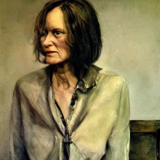 Image similar to high quality, high detail, realistic portrait of susan taslimi, painted by andrew wyeth, dramatic lighting, cinematic composition