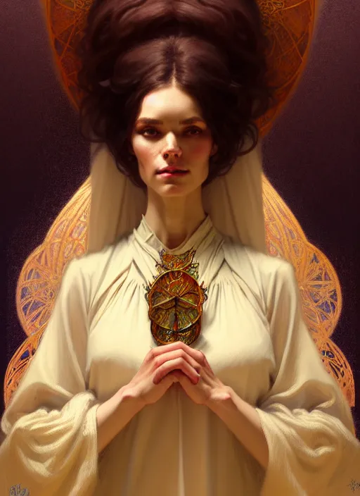 Image similar to character concept portrait of me as modest wife blessed by god to grow ever more intelligent beautiful voluminous muscular tall and virtuous. modestly clothed, intricate, elegant, highly detailed, digital painting, artstation, concept art, symmetry, smooth, sharp focus, illustration, art by gaston bussiere and alphone mucha