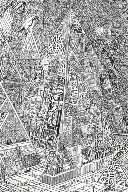 Prompt: a black and white drawing of a egyptian pyramid cityscape, a detailed mixed media collage by hiroki tsukuda and eduardo paolozzi and moebius, intricate linework, sketchbook psychedelic doodle comic drawing, geometric, street art, polycount, deconstructivism, matte drawing, academic art, constructivism