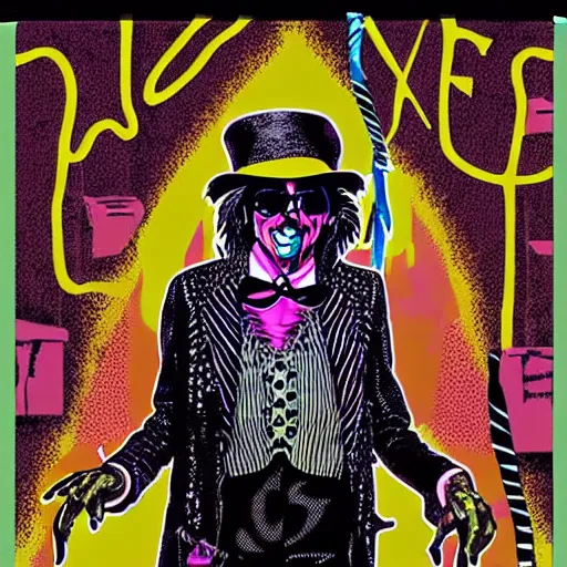 Image similar to graphic illustration, creative design, alice cooper as willy wonka, biopunk, francis bacon, highly detailed, hunter s thompson, concept art