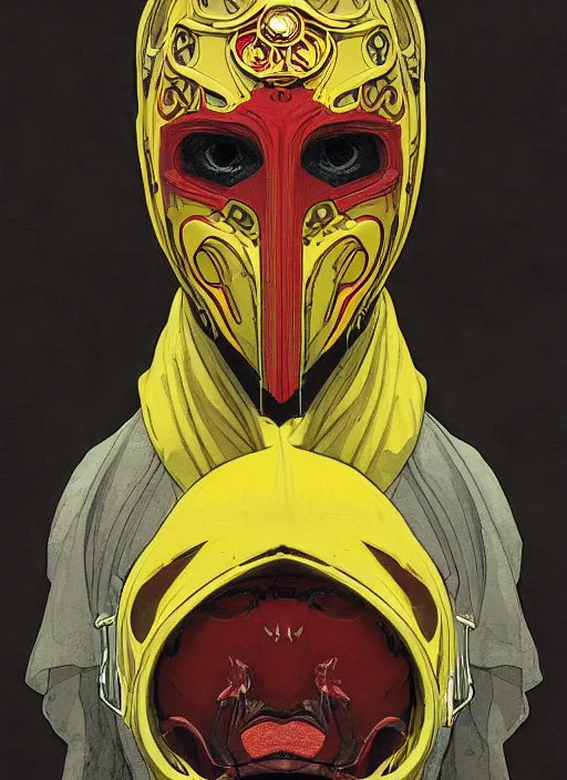 Prompt: detailed portrait of mask guy wearing yellow and red hoodie card, dark and white, behance hd artstation, by moebius, alphonse mucha, ayami kojima, amano, greg hildebrandt, and mark brooks, masculine, male, art nouveau, neo - gothic, gothic, character concept design, dynamic light, stylised illustration, disco elysium, highly details